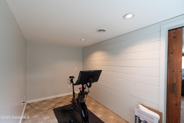 7 Bemis Heights Rd, Saratoga Springs, NY 12866 - workout area featuring wood walls, recessed lighting, visible vents, and baseboards