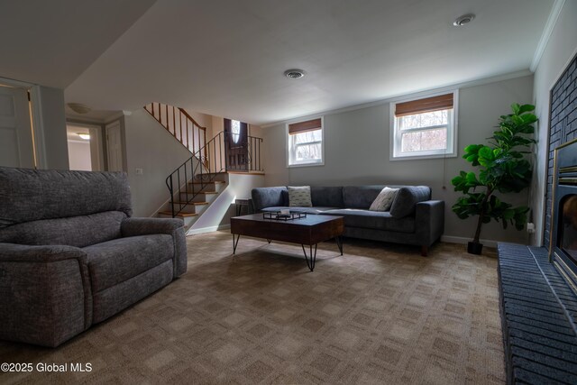 7 Bemis Heights Rd, Saratoga Springs, NY 12866 - living area featuring stairway, visible vents, baseboards, and ornamental molding