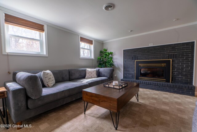 7 Bemis Heights Rd, Saratoga Springs, NY 12866 - carpeted living room featuring a fireplace and ornamental molding