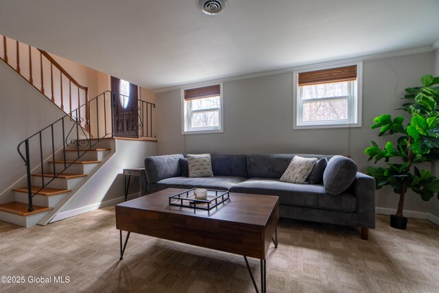 7 Bemis Heights Rd, Saratoga Springs, NY 12866 - living room with carpet flooring, stairway, visible vents, and baseboards