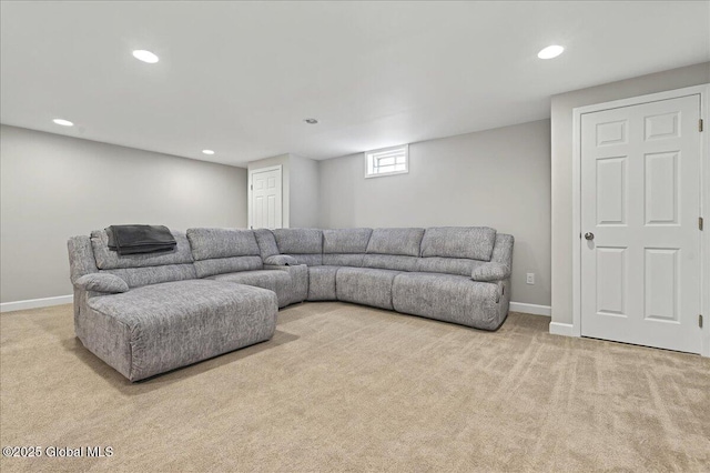 carpeted living room with baseboards and recessed lighting