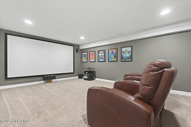 home theater with recessed lighting, baseboards, and carpet floors