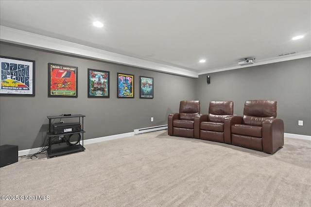carpeted cinema featuring visible vents, baseboards, ornamental molding, a baseboard radiator, and recessed lighting