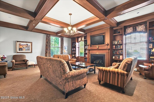 8 Wall St Apt 200, Clifton Park, NY 12065 - carpeted living area featuring a chandelier, beam ceiling, a fireplace, and coffered ceiling