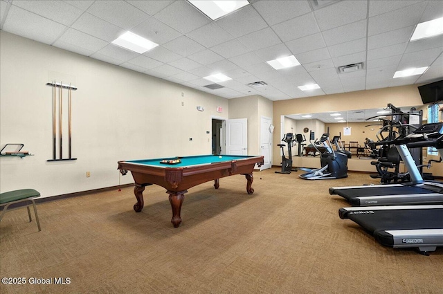 8 Wall St Apt 200, Clifton Park, NY 12065 - playroom featuring carpet floors, a paneled ceiling, pool table, and baseboards