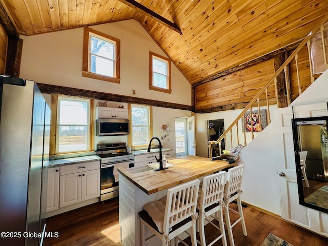 kitchen featuring butcher block counters, high vaulted ceiling, wood ceiling, a sink, and stainless steel appliances