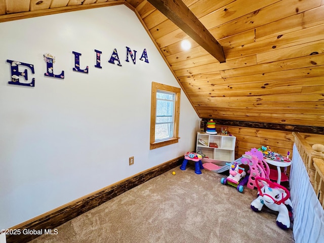 playroom with carpet floors, baseboards, lofted ceiling with beams, and wood ceiling