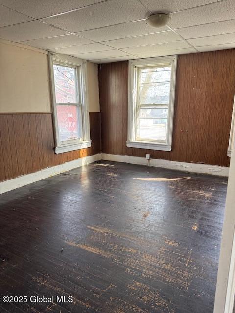 25 N Perry St, Johnstown, NY 12095 - spare room with hardwood / wood-style floors, a wainscoted wall, wood walls, and a drop ceiling