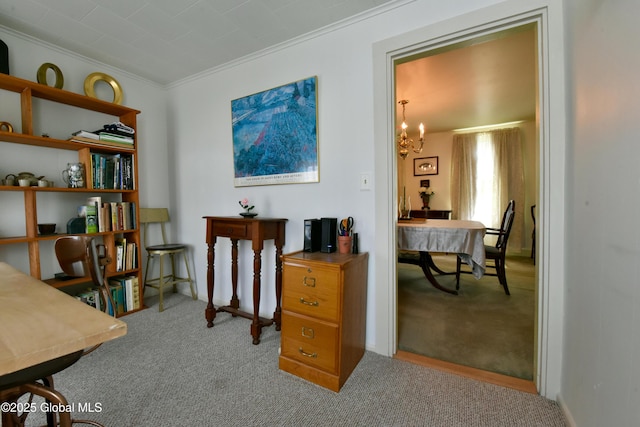 21 Andrews St, Saratoga Springs, NY 12866 - office space with ornamental molding, carpet, and an inviting chandelier