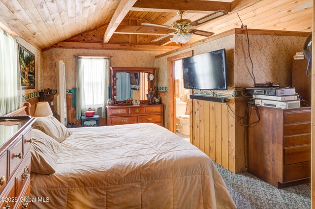 3183 State Highway 10, Ephratah, NY 12095 - carpeted bedroom featuring ensuite bathroom, vaulted ceiling with beams, wallpapered walls, and wooden ceiling