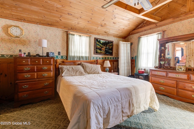 3183 State Highway 10, Ephratah, NY 12095 - bedroom featuring wallpapered walls, carpet floors, wooden ceiling, and lofted ceiling