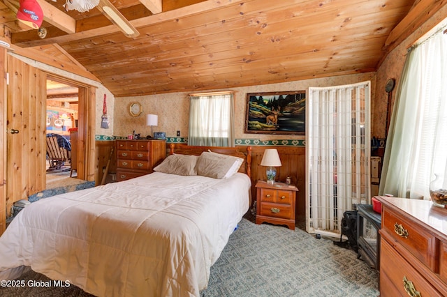 3183 State Highway 10, Ephratah, NY 12095 - carpeted bedroom featuring lofted ceiling, wallpapered walls, multiple windows, and wood ceiling