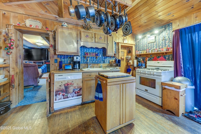 3183 State Highway 10, Ephratah, NY 12095 - kitchen with light countertops, white appliances, hardwood / wood-style floors, vaulted ceiling, and wooden ceiling