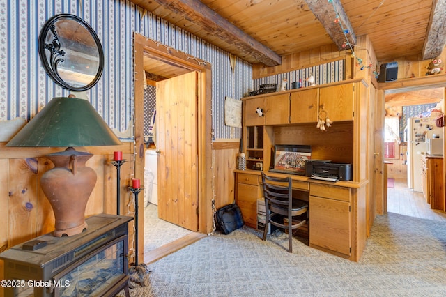 3183 State Highway 10, Ephratah, NY 12095 - office space with light colored carpet, wooden ceiling, wallpapered walls, a wainscoted wall, and beam ceiling