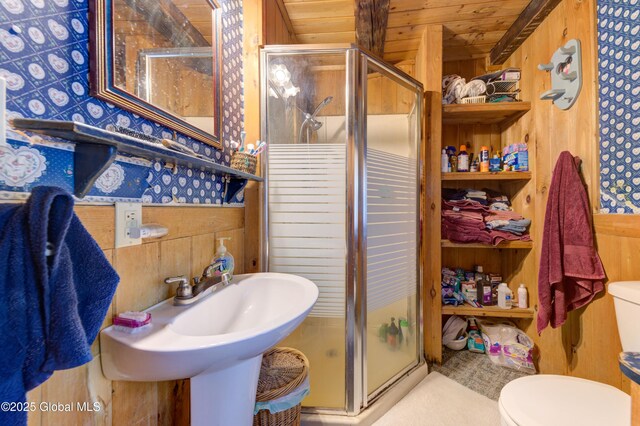 3183 State Highway 10, Ephratah, NY 12095 - full bathroom with toilet, wooden ceiling, and a stall shower