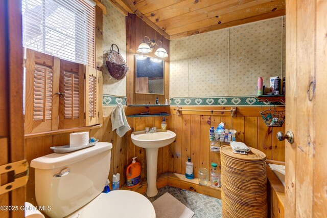 3183 State Highway 10, Ephratah, NY 12095 - bathroom featuring wood walls, toilet, and wallpapered walls