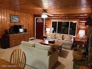 living room with log walls, ceiling fan, and wooden ceiling