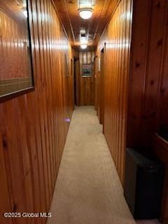hallway featuring wooden walls and light carpet