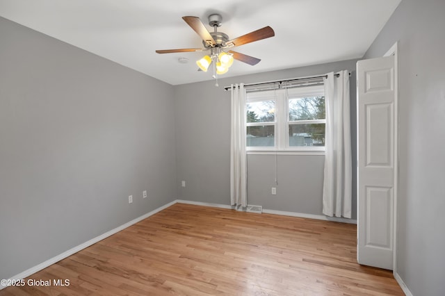 empty room featuring visible vents, ceiling fan, light wood-style floors, and baseboards