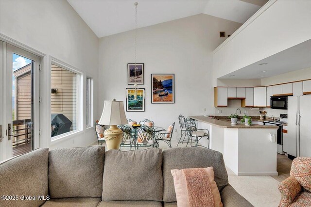 living area with high vaulted ceiling and a healthy amount of sunlight