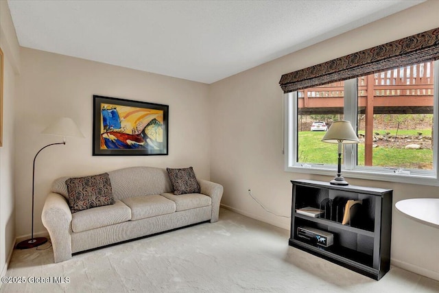 living area featuring baseboards and carpet flooring