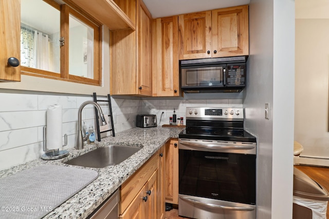 5 Overlook Ln B/D, Unit B/D Warrensburg, NY 12817 - kitchen featuring black microwave, stainless steel range with electric stovetop, backsplash, and light stone countertops