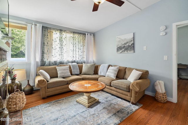 5 Overlook Ln B/D, Unit B/D Warrensburg, NY 12817 - living room featuring a ceiling fan, wood finished floors, and lofted ceiling