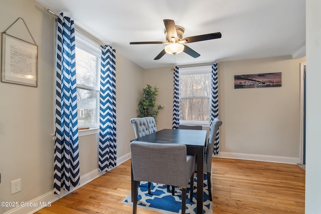 dining space featuring a healthy amount of sunlight, baseboards, a ceiling fan, and light wood-type flooring