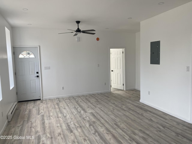 unfurnished living room featuring light wood finished floors, electric panel, ceiling fan, and baseboard heating