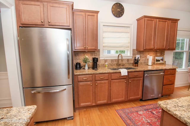 kitchen featuring decorative backsplash, light wood-style flooring, a sink, and appliances with stainless steel finishes