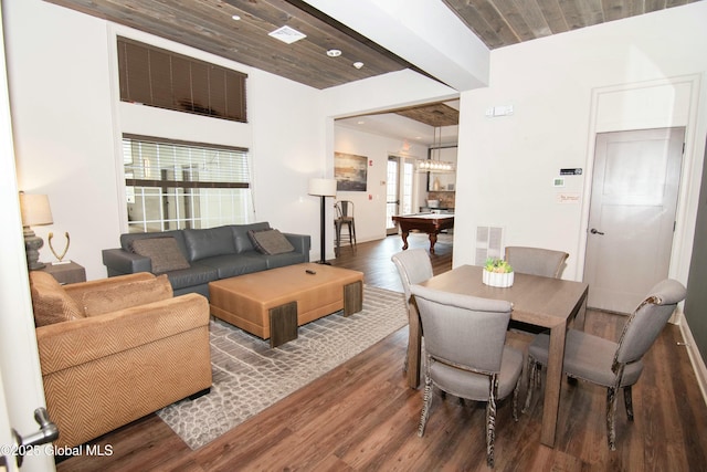 dining room featuring visible vents, billiards, wood finished floors, and wooden ceiling