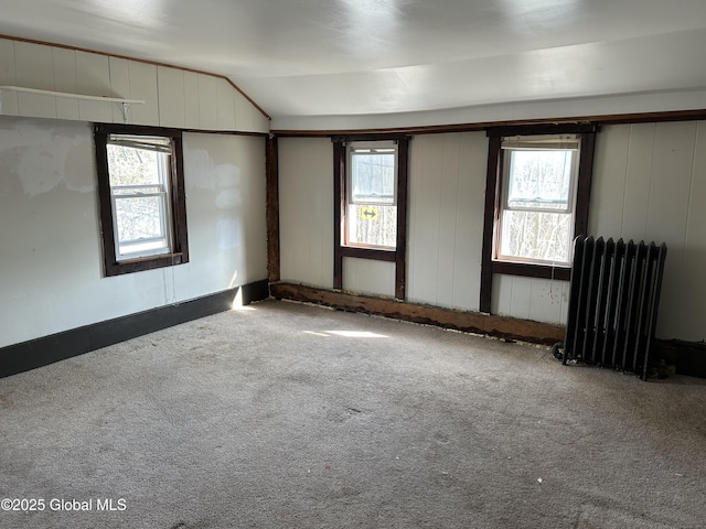 empty room featuring vaulted ceiling, radiator heating unit, and a healthy amount of sunlight