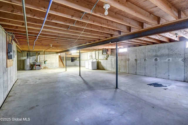 15 Garrison Ln, Clifton Park, NY 12019 - below grade area featuring water heater, stairs, washer / clothes dryer, and electric panel