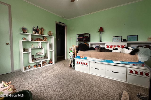 carpeted bedroom featuring crown molding, baseboards, and a ceiling fan