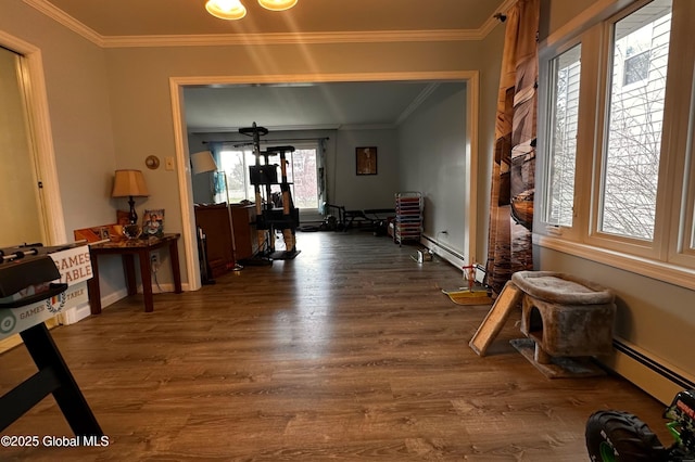 hall with dark wood-type flooring, ornamental molding, and a baseboard heating unit