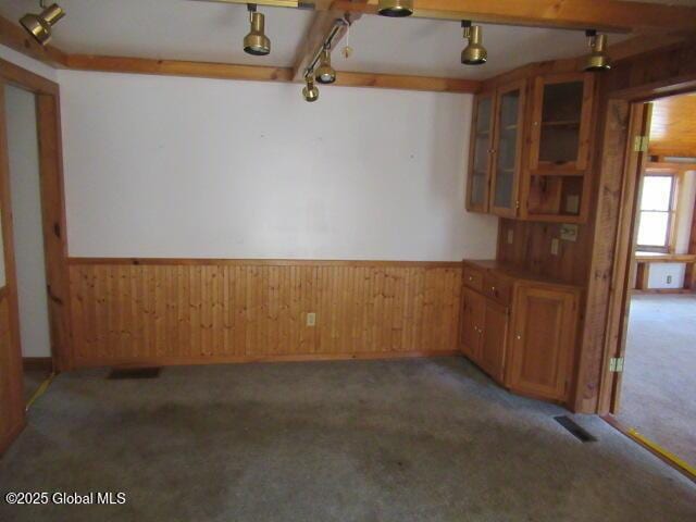 empty room featuring light colored carpet, wood walls, and a wainscoted wall