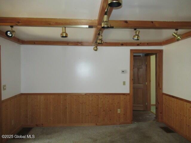carpeted spare room featuring wood walls and wainscoting