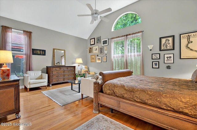 101 E Krumkill Rd, Albany, NY 12208 - bedroom featuring high vaulted ceiling, light wood-style flooring, ceiling fan, and access to exterior