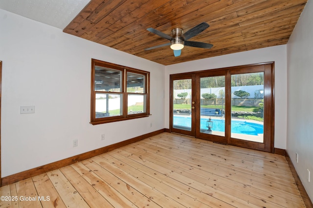 empty room with baseboards, wooden ceiling, ceiling fan, and light wood finished floors