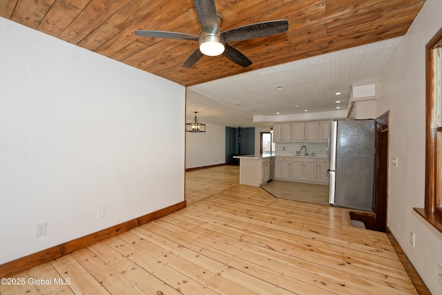 unfurnished living room with baseboards, light wood-style floors, wooden ceiling, a sink, and ceiling fan with notable chandelier