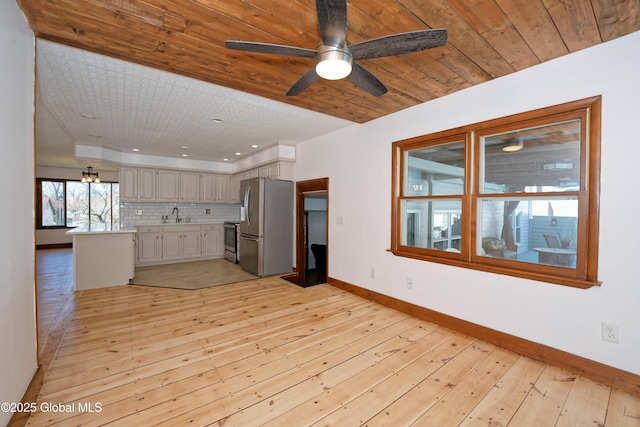 kitchen with ceiling fan, backsplash, a sink, light countertops, and stainless steel appliances