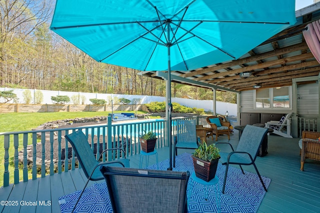 wooden deck featuring an outdoor living space and a fenced backyard