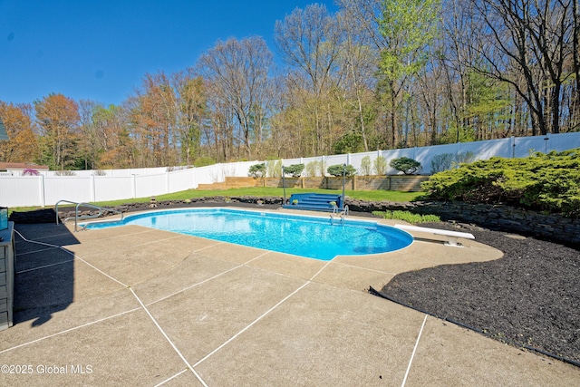 view of pool with a fenced in pool, a patio, a diving board, and a fenced backyard