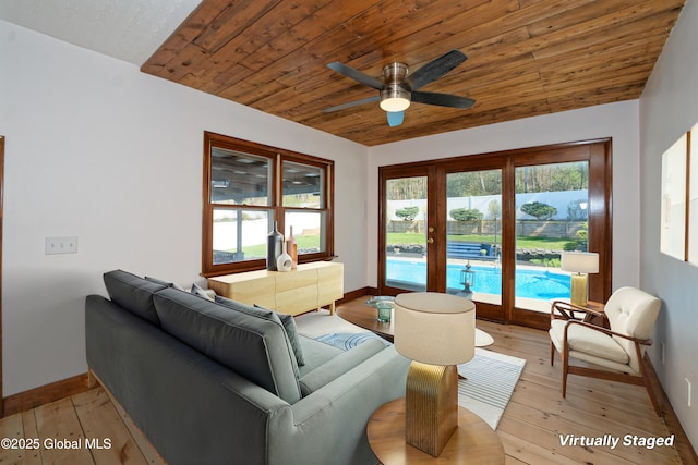 living area with wood ceiling, baseboards, ceiling fan, and light wood finished floors