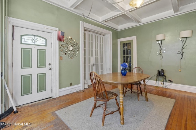 dining area with coffered ceiling, hardwood / wood-style flooring, baseboards, and beamed ceiling