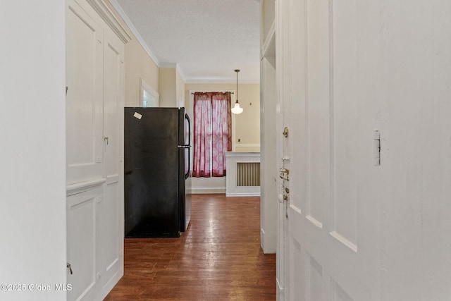 corridor with dark wood finished floors and ornamental molding