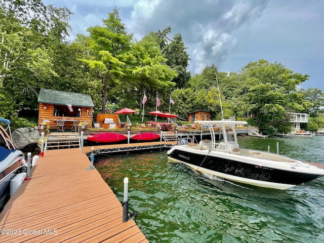 9667 Lake Shore Dr, Hague, NY 12836 - dock featuring a water view and view of wooded area