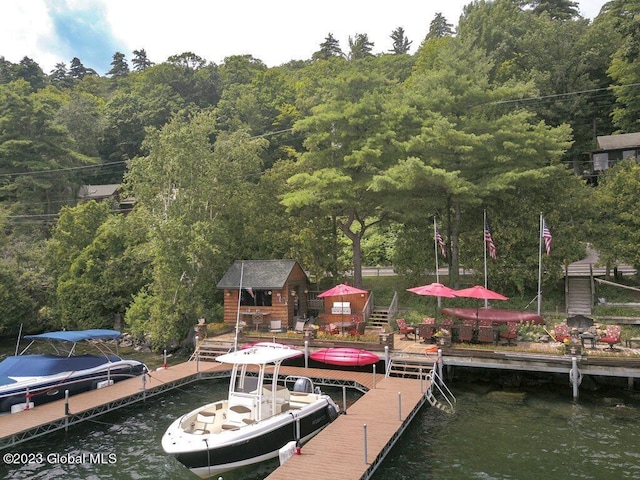 9667 Lake Shore Dr, Hague, NY 12836 - dock featuring a water view and a forest view