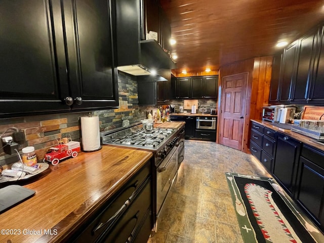 9667 Lake Shore Dr, Hague, NY 12836 - kitchen with stainless steel appliances, dark cabinets, wood counters, backsplash, and wood ceiling