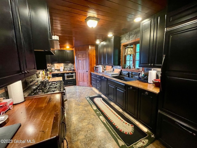 9667 Lake Shore Dr, Hague, NY 12836 - kitchen featuring a sink, wooden counters, dark cabinetry, oven, and wood ceiling
